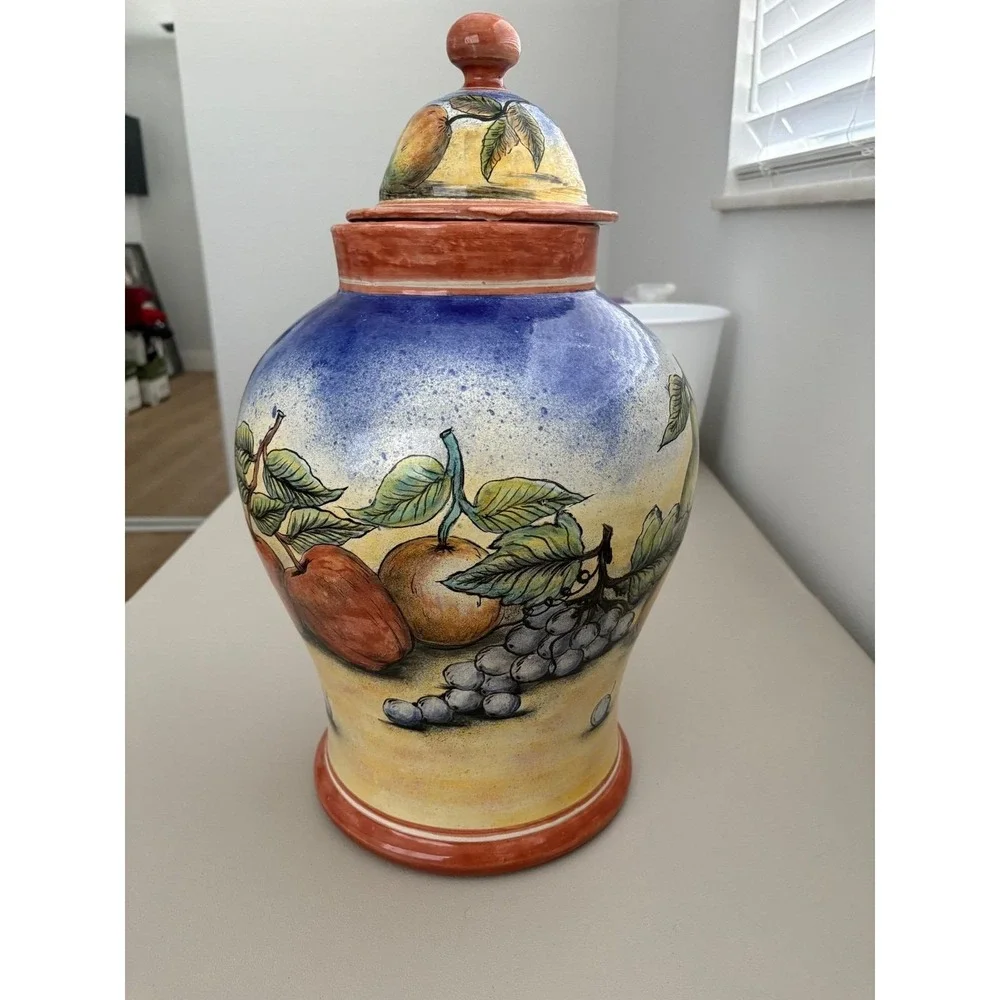 VTG Large Hand Painted Italian Ceramic Ginger Jar Fruit Motif‎ Lidded Urn 18.5